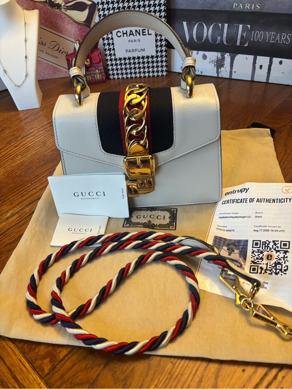 Gucci Sylvie Mini White Leather Top Handle Crossbody Bag 470270 COA